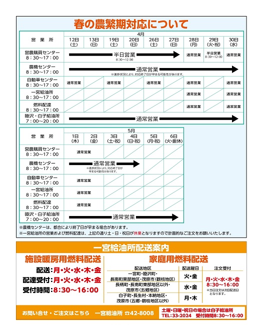 春の農繁期対応について